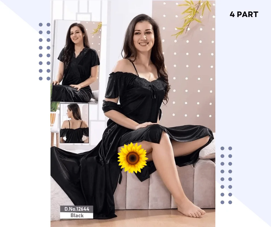 4 Part Premium Black Color Night Dress