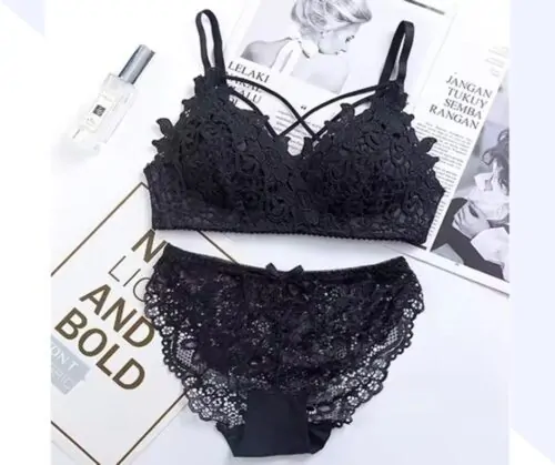 Rose Bra Penty Set Black Color