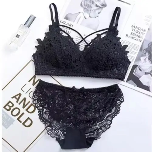 Rose Bra Penty Set Black Color